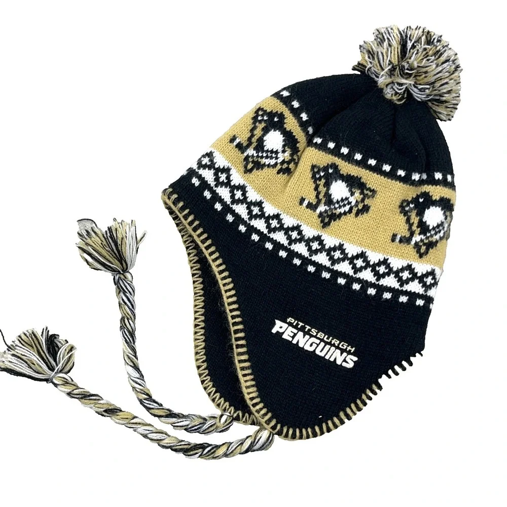 Pittsburgh Penguins Beanie Hat Cap Beanie Toboggan Ear Flaps Pom Pom Ear‎ Flaps